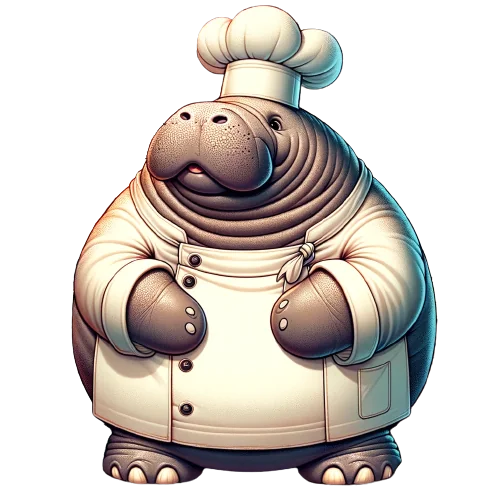 Chef Juicy, a gentle manatee in chef whites