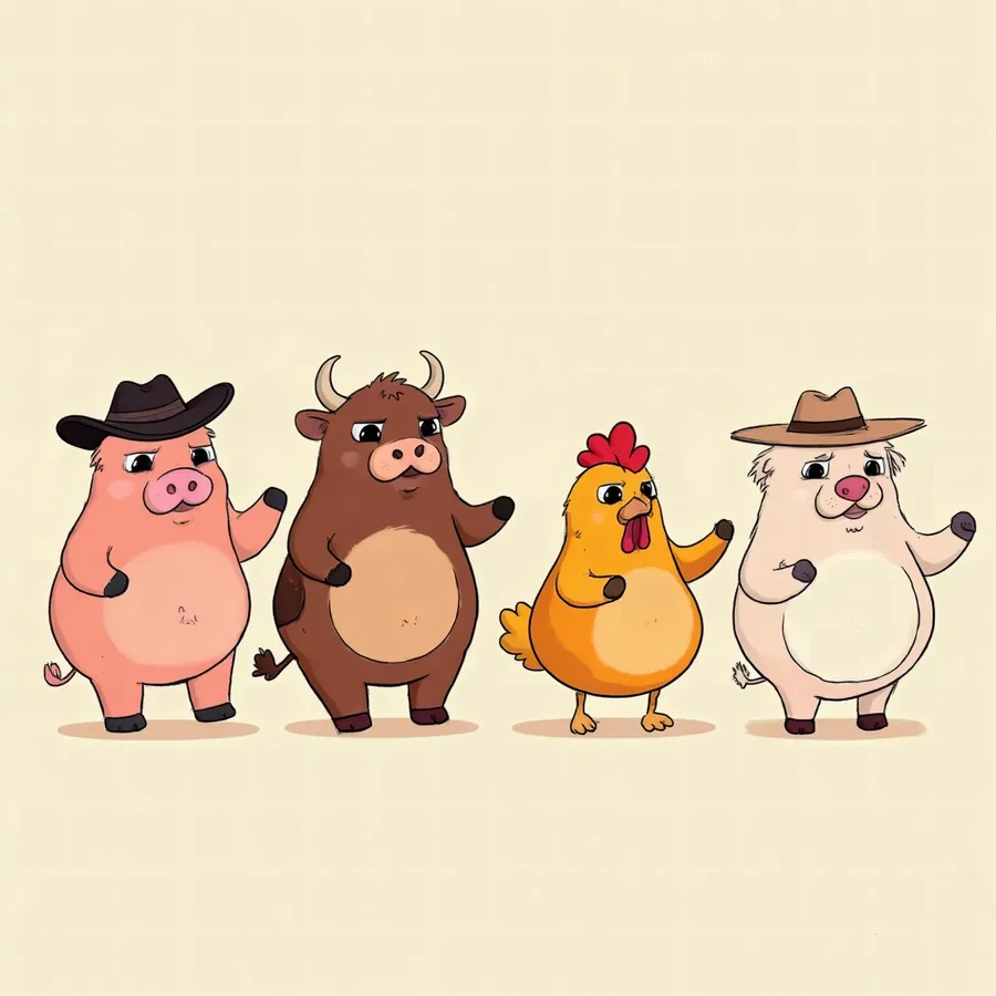 The Thickens farm crew mascots — a pig, a bull, a chicken, and a sheep