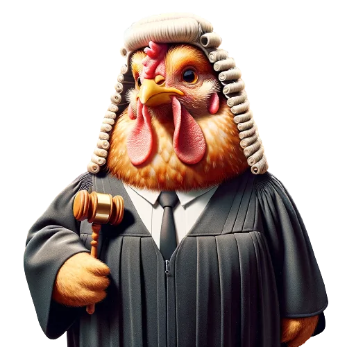 Judge Thickens, a stern chicken in a powdered judicial wig holding a gavel
