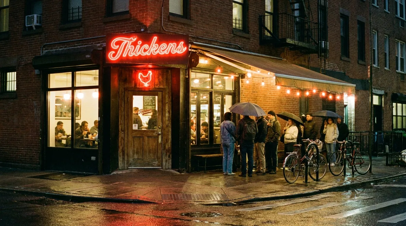 Thickens neon storefront at night