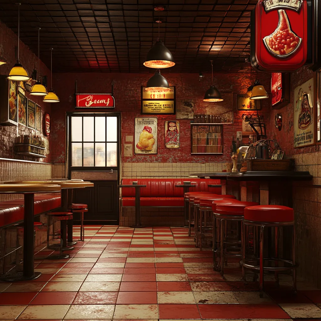 The original Thickens counter, red vinyl stools and checkered floors