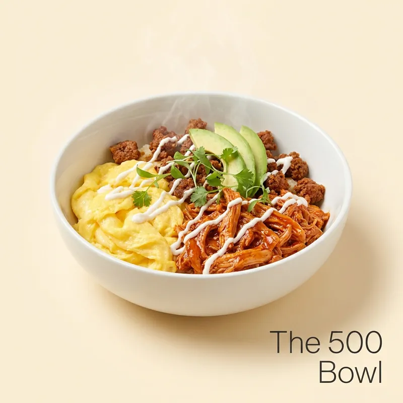 The 500 Bowl — scrambled eggs, pulled hot chicken, chorizo