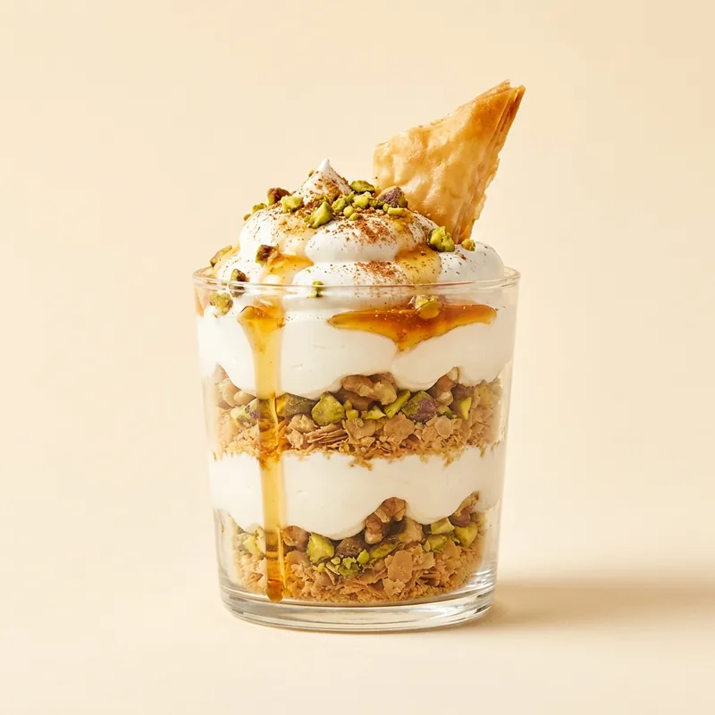 Baklava Parfait with phyllo-pistachio crunch and honey
