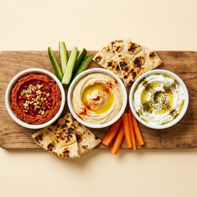 Dip Trip: Beirut — muhammara, hummus and labneh trio with charred flatbread