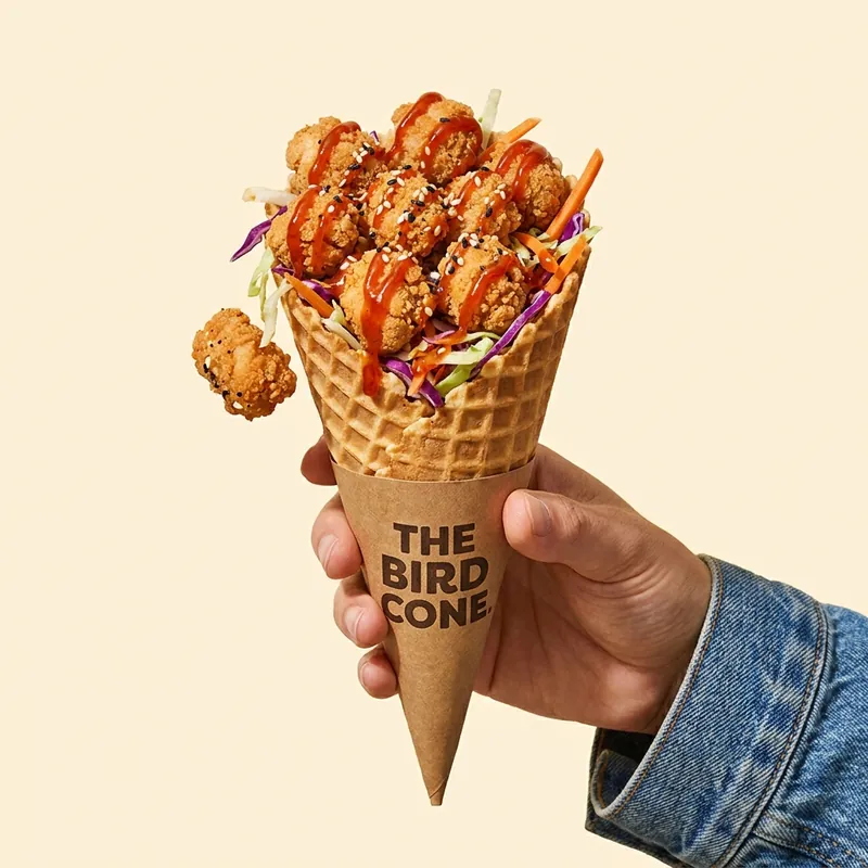 The Bird Cone — popcorn chicken in a waffle cone