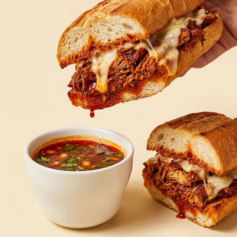 Birria Bird Dip — braised chicken sandwich with consommé dip cup