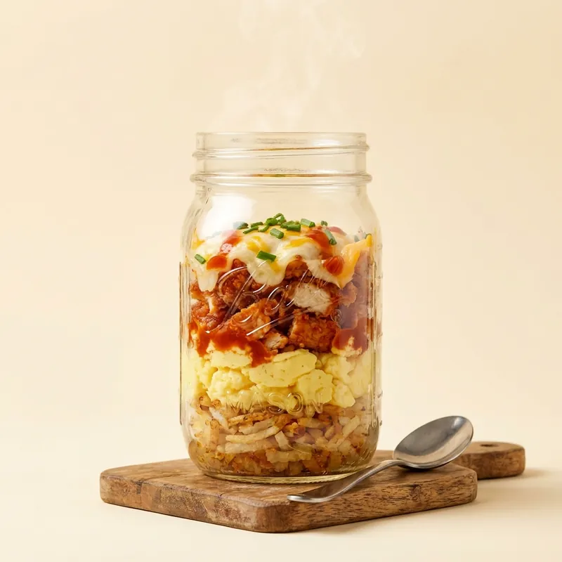 Breakfast Jarfait — layered potatoes, eggs, hot chicken and cheese in a jar