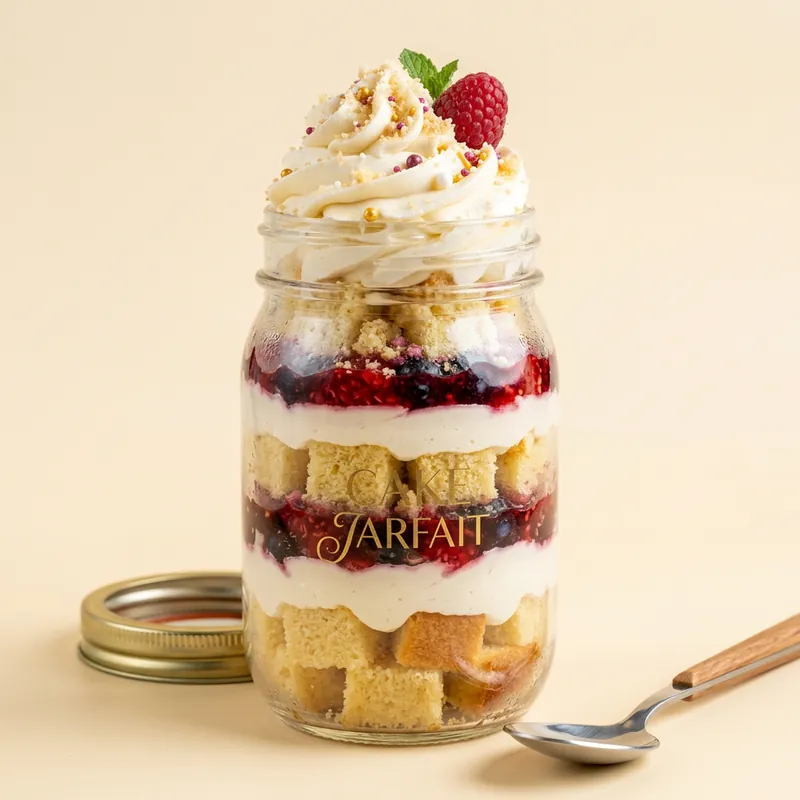 Cake Jarfait — layered vanilla cake, buttercream and berry jam