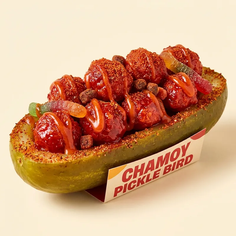 Chamoy Pickle Bird — popcorn chicken in a chamoy pickle boat