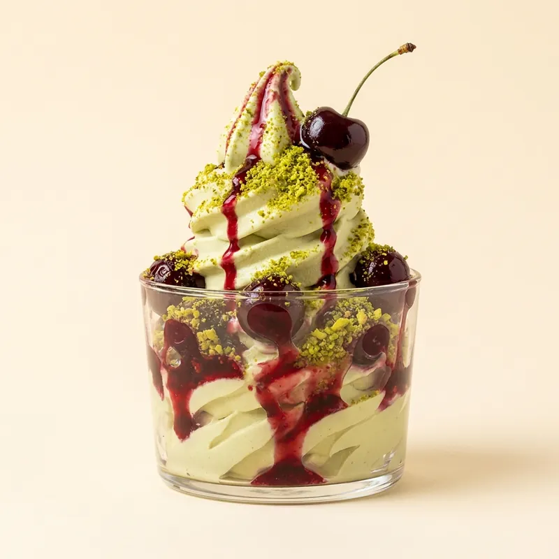 Cherry Pistachio Cloud — pistachio soft serve with amarena sour cherry