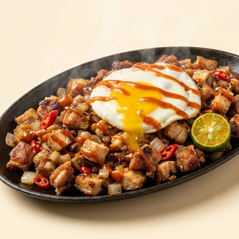 Chicken Sisig on a sizzling plate