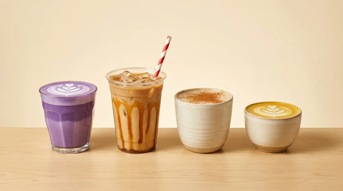 The strange coffee lineup — ube latte, miso caramel cold brew, cardamom date latte, saffron hunny flat white