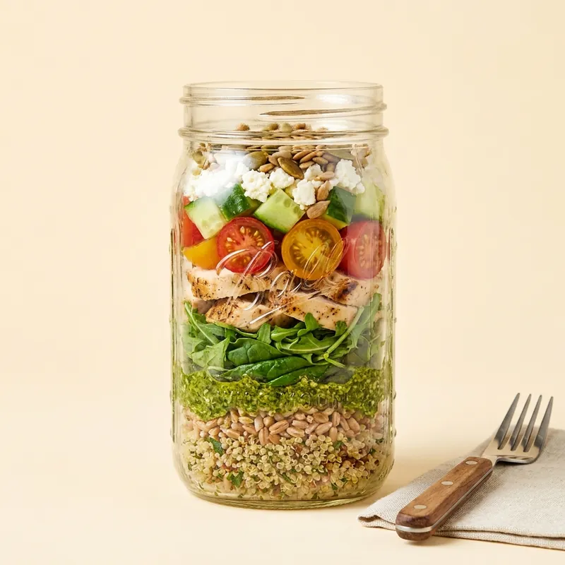 The Dayfait — savory layered grain and grilled chicken jar