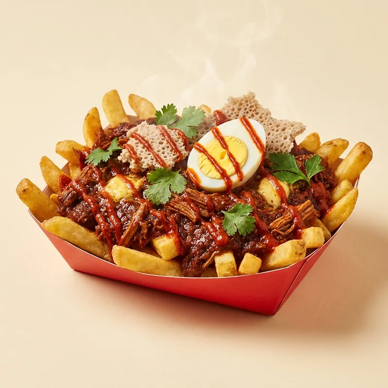 Doro Wat Loaded Fries — Ethiopian spiced chicken fries
