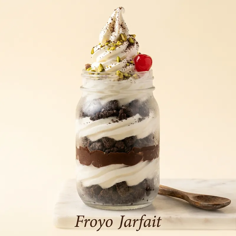 Froyo Jarfait — layered frozen yogurt, fudge and cookie crumble