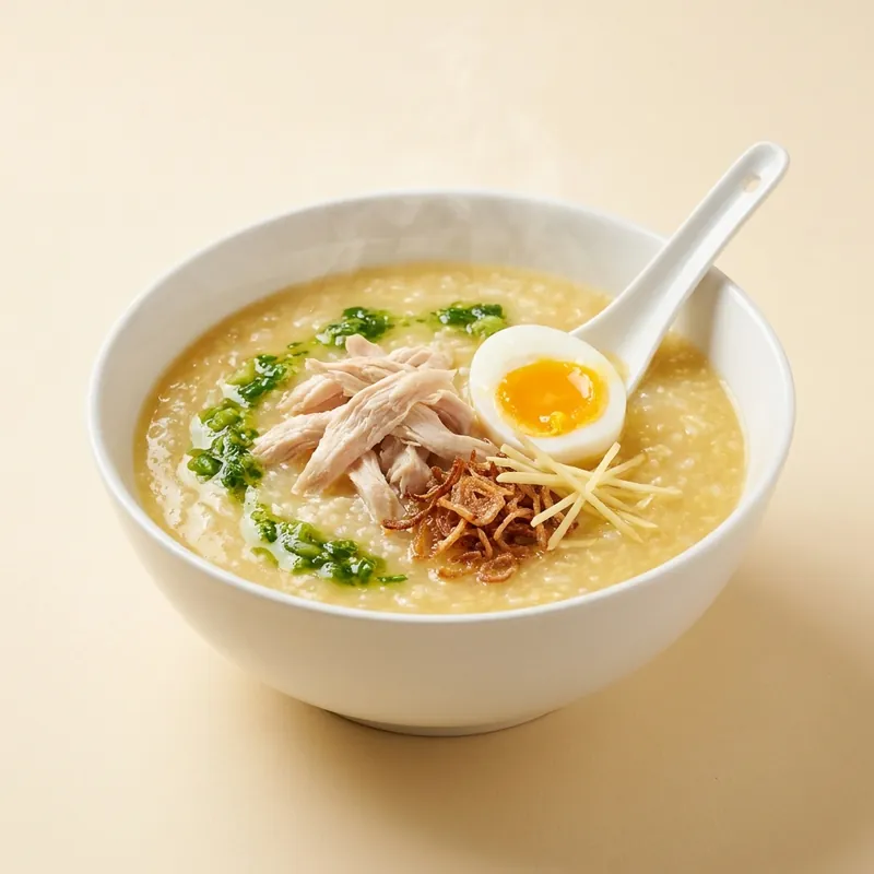Golden Congee with pulled chicken and ginger-scallion oil