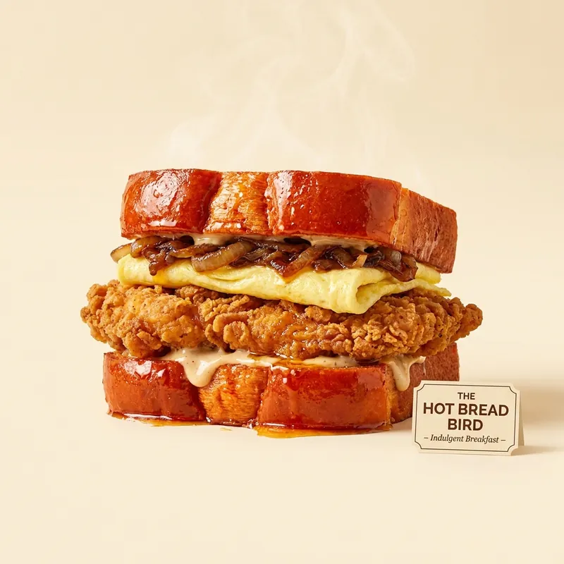 The Hot Bread Bird — fried chicken, egg and grilled onions on hot bread