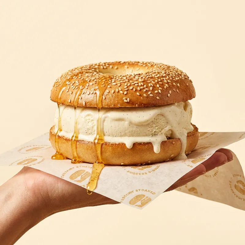 Ice Cream Bagel — vanilla ice cream in a sesame bagel