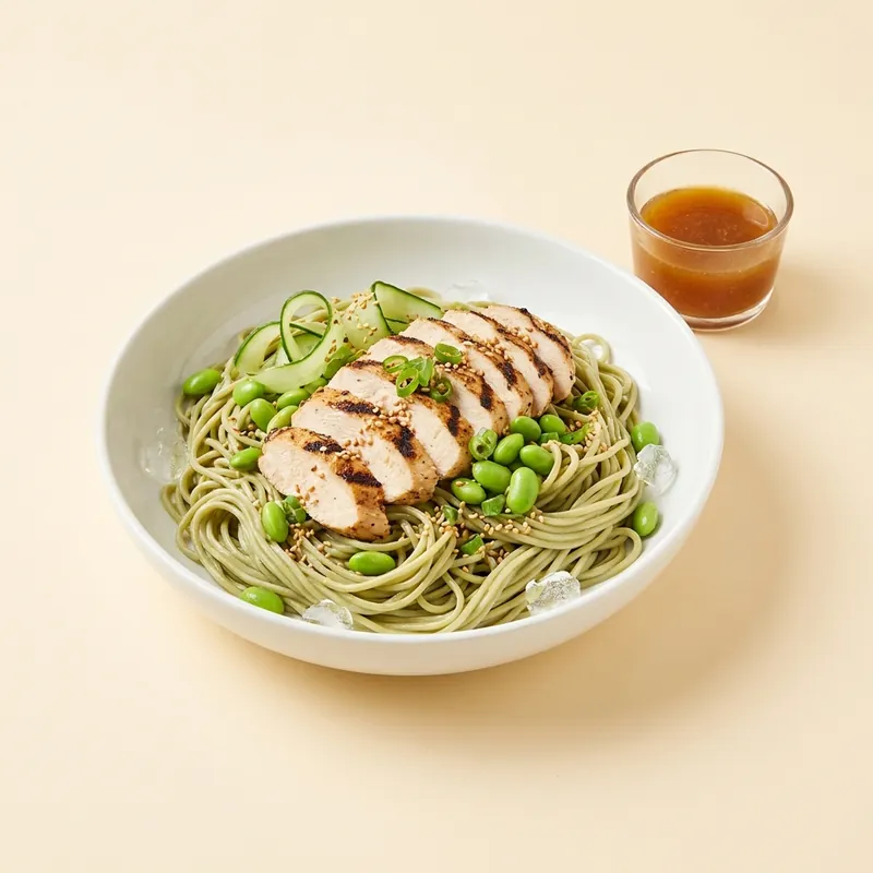 Matcha Soba & Bird — chilled matcha soba with grilled chicken