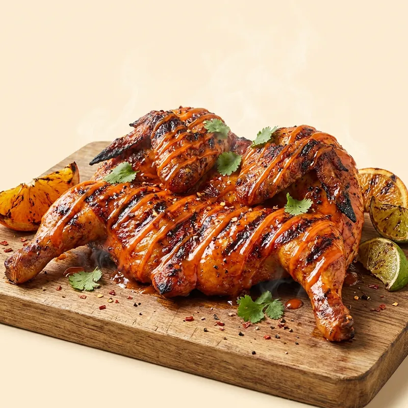 Miami Chicken — flame-grilled half chicken with a glowing orange habanero-citrus stripe glaze