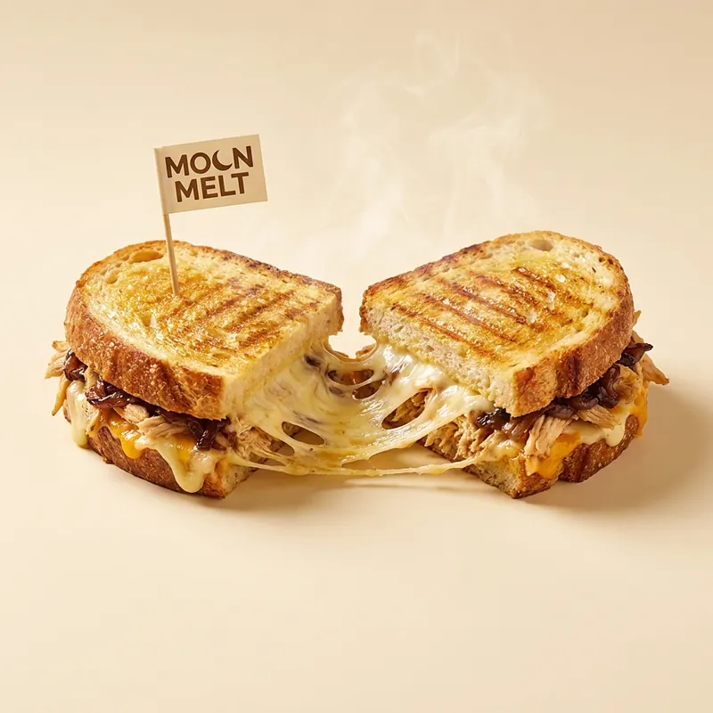 The Moon Melt — griddled three-cheese pulled chicken melt