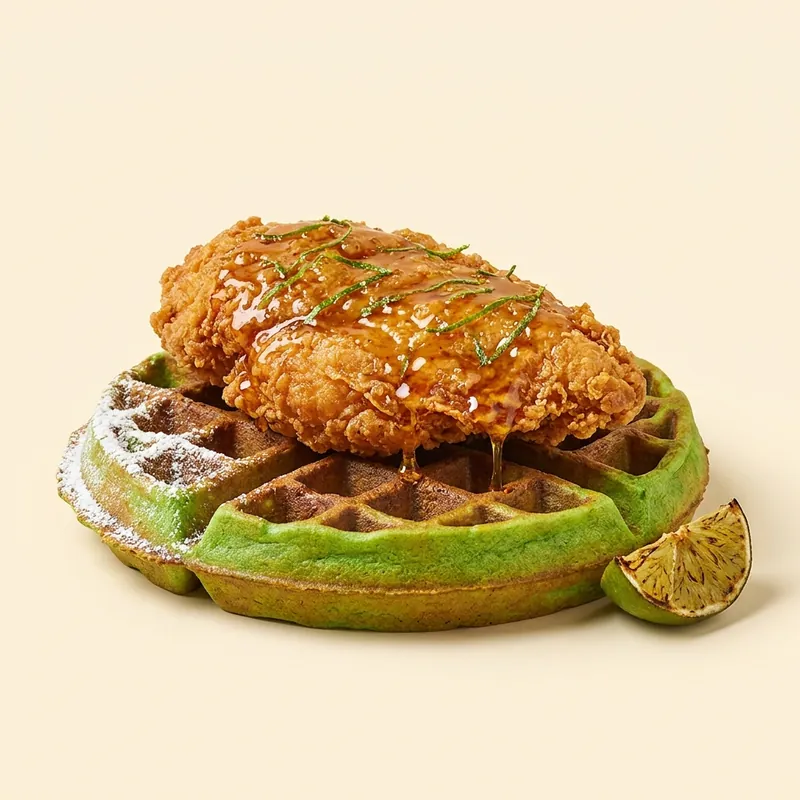 Pandan & Bird — green pandan waffle with fried chicken and makrut-lime hot honey