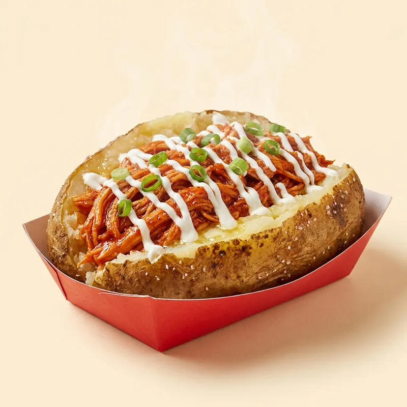 The Stuffed Half — half baked potato packed with pulled hot chicken