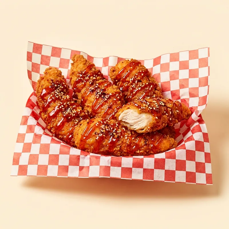 Stripe-glazed Tendies in a checkered basket