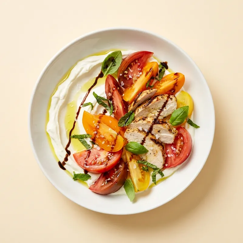 The Heirloom Bowl — heirloom tomato and labneh with grilled chicken