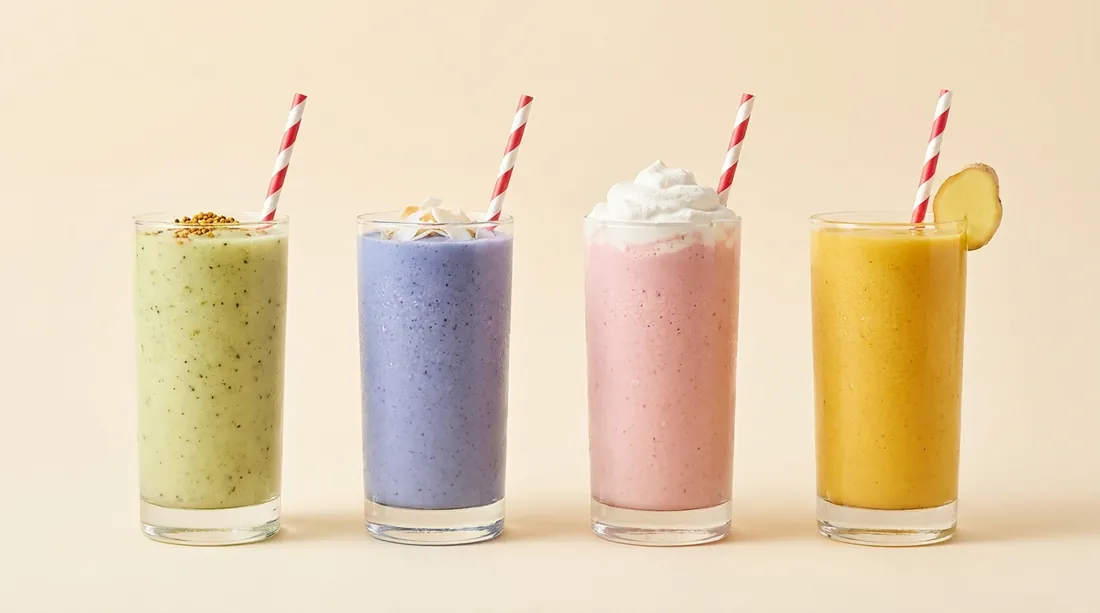 The wellness wall — glow smoothie, sea moss cloud, strawberry fluff, golden hour