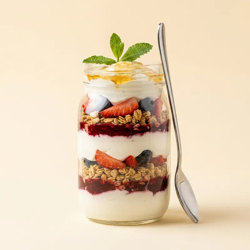 Yogurt Jarfait — layered greek yogurt, berry compote and granola