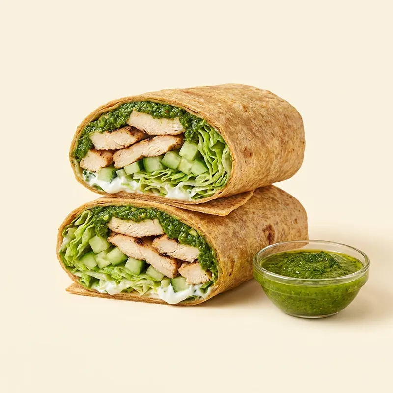 Zhoug & Greens Wrap — grilled chicken with green zhoug in whole-wheat lavash